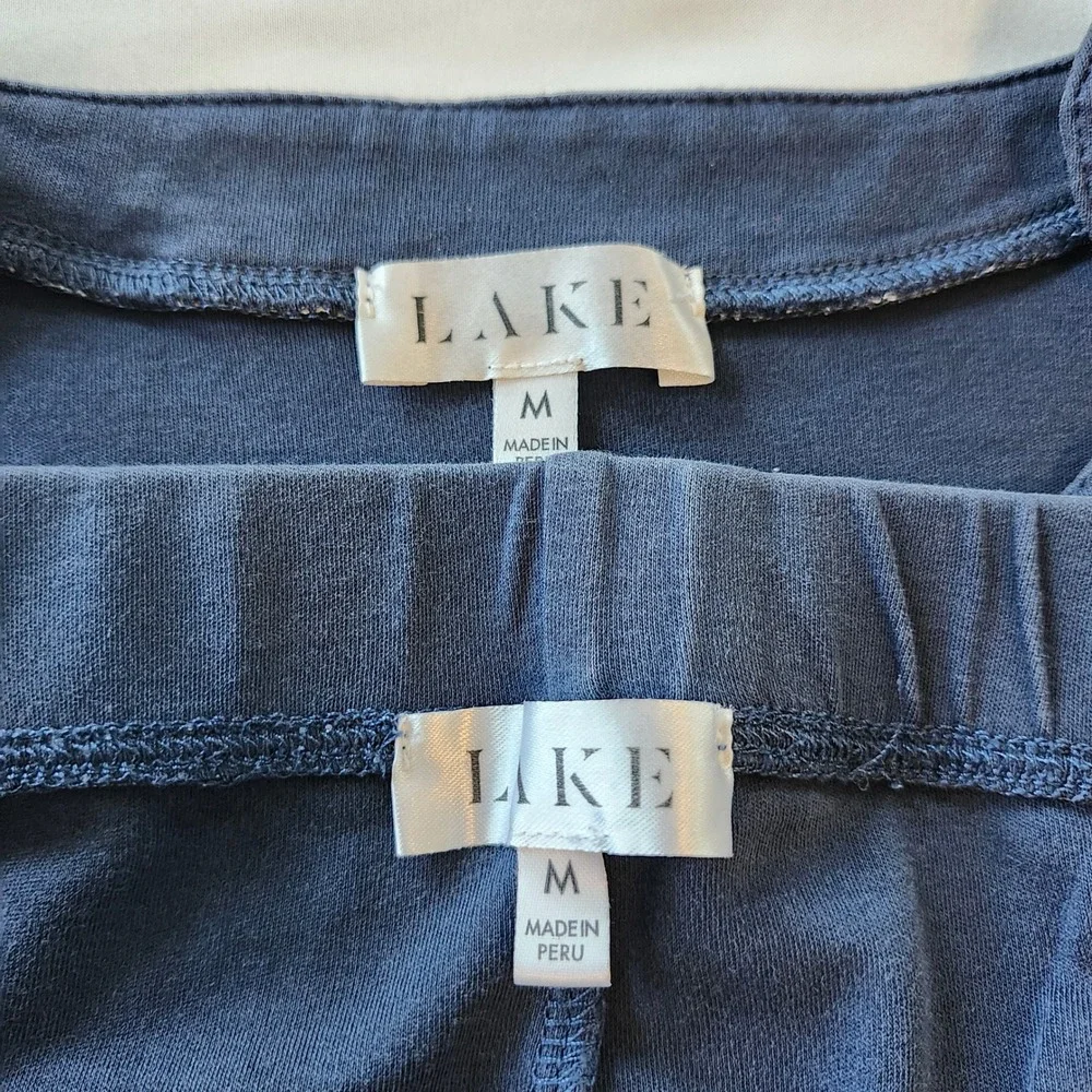 Lake Pajamas PJ Set Navy Blue 100% Pima Cotton Scallop Tank & Pants Women Medium - Picture 6 of 8